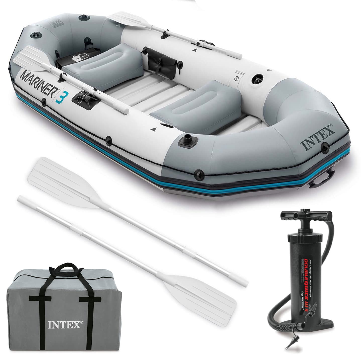 Ponton dmuchany Mariner 3 dla 3 osób wiosła pompka uchwyty na wędkę i silnik INTEX 68373