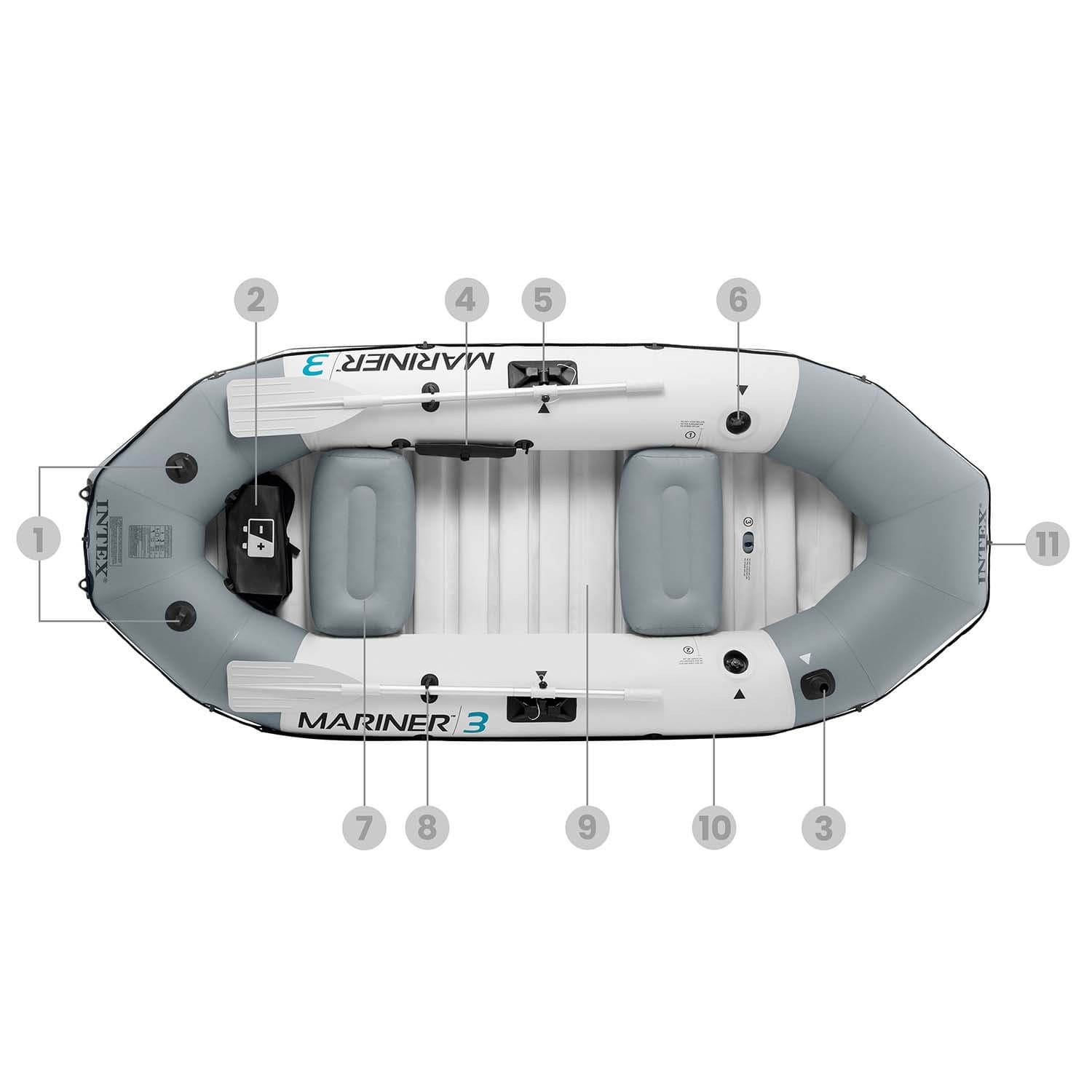 Ponton dmuchany Mariner 3 dla 3 osób wiosła pompka uchwyty na wędkę i silnik INTEX 68373
