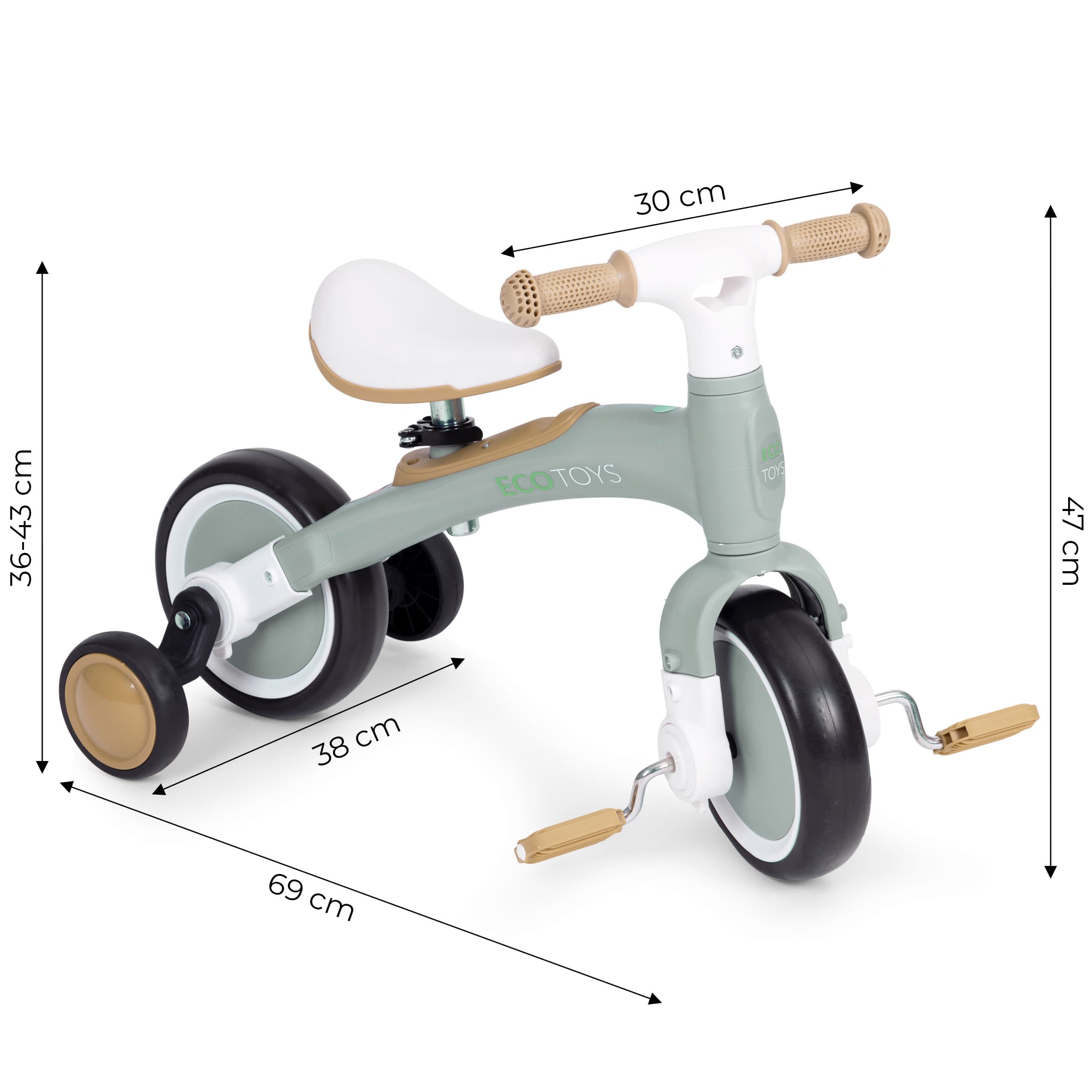 Rower rowerek biegowy z pedałami - treningowy kółka boczne 3w1 zielony ECOTOYS
