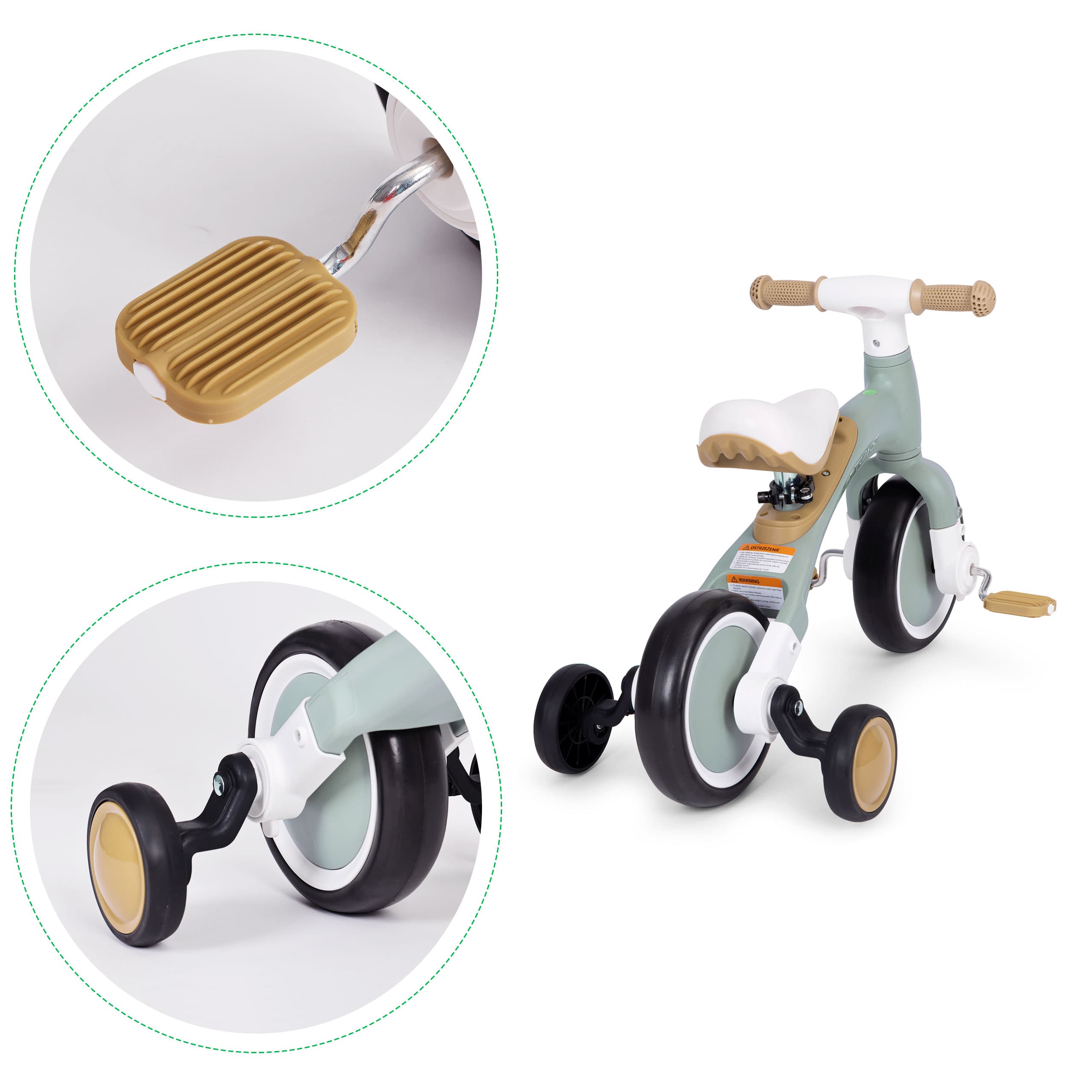 Rower rowerek biegowy z pedałami - treningowy kółka boczne 3w1 zielony ECOTOYS