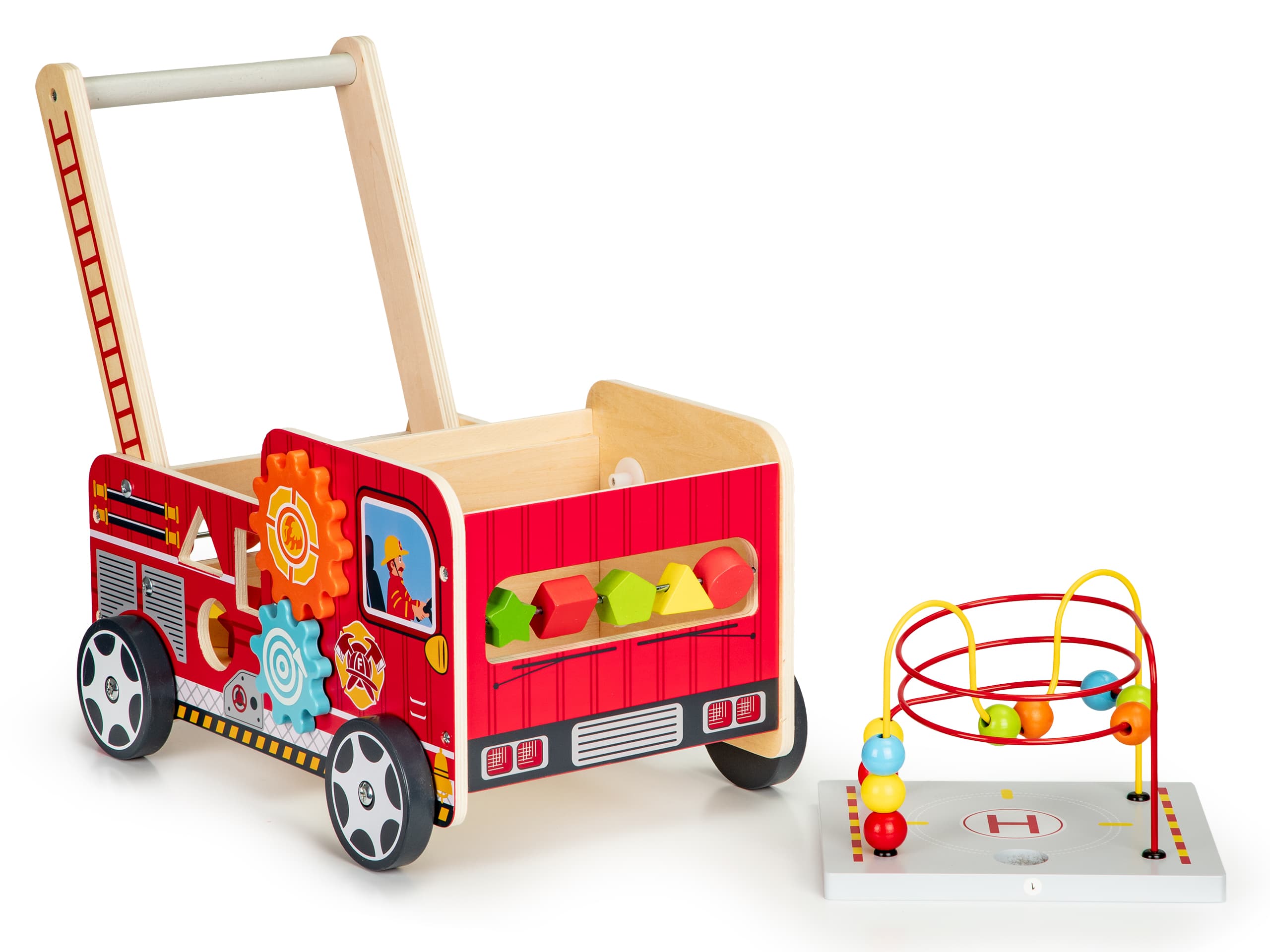 Drewniany pchacz edukacyjny z klockami dla dzieci - Straż Pożarna ECOTOYS