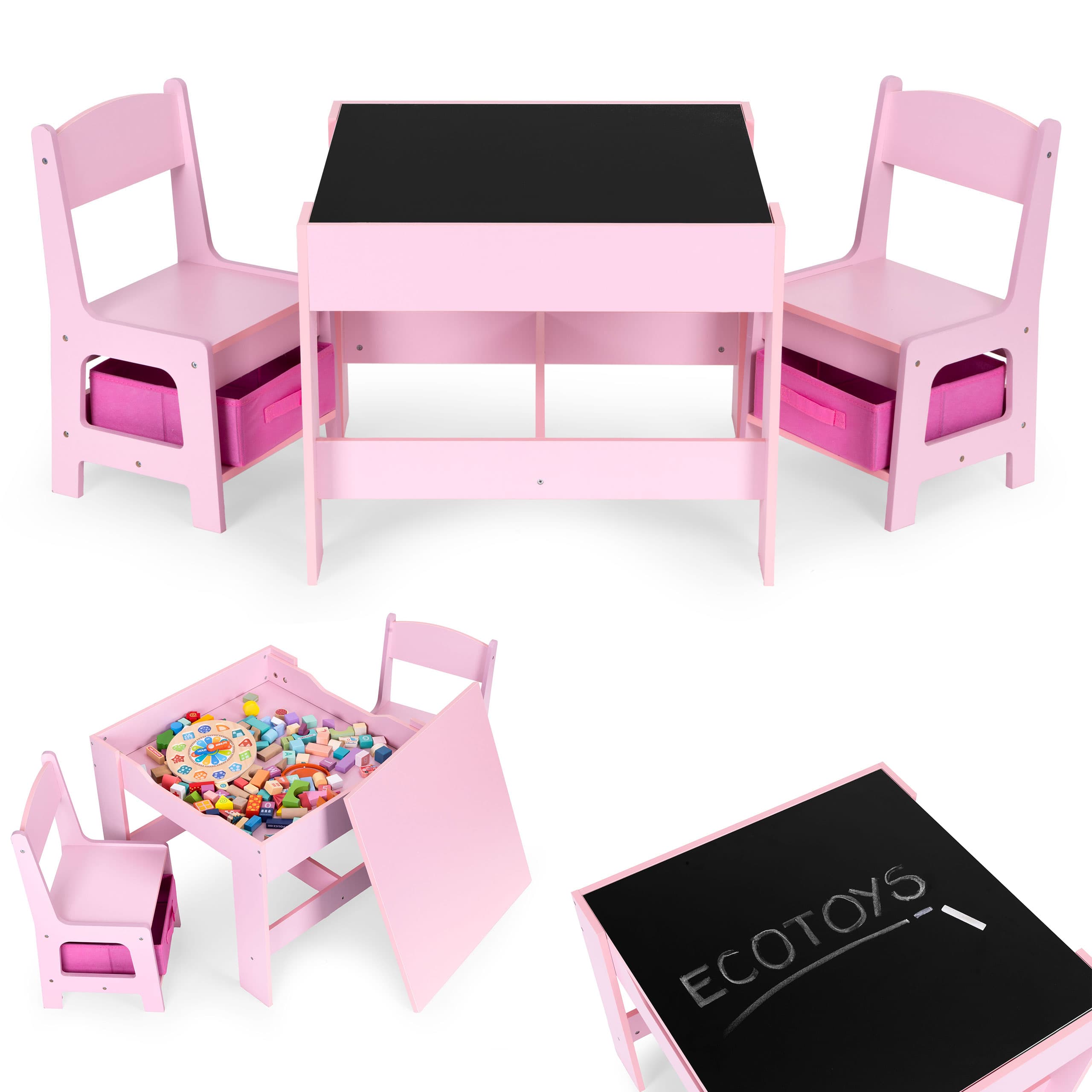 Zestaw mebli dla dzieci stolik + 2 krzesła tablica kredowa różowy ECOTOYS